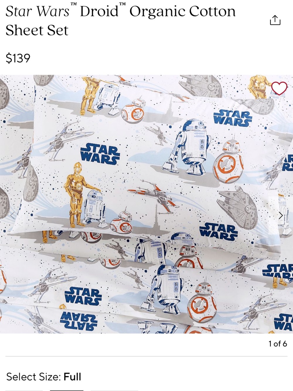 Pottery Barn STAR WARS Droid Organic Cotton Full Sheet